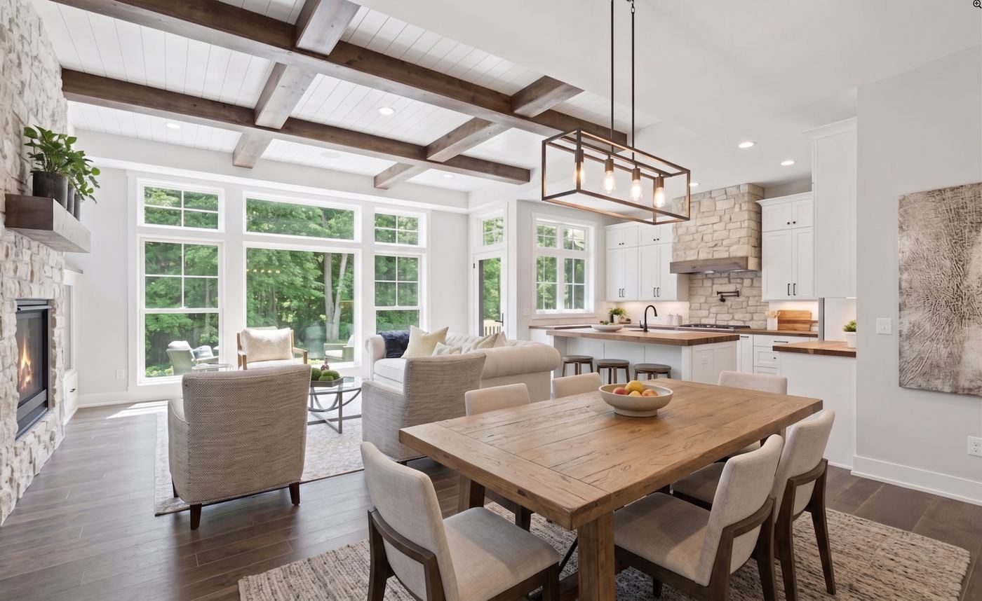 Bright open-concept living and kitchen space with wood beams and stone fireplace
